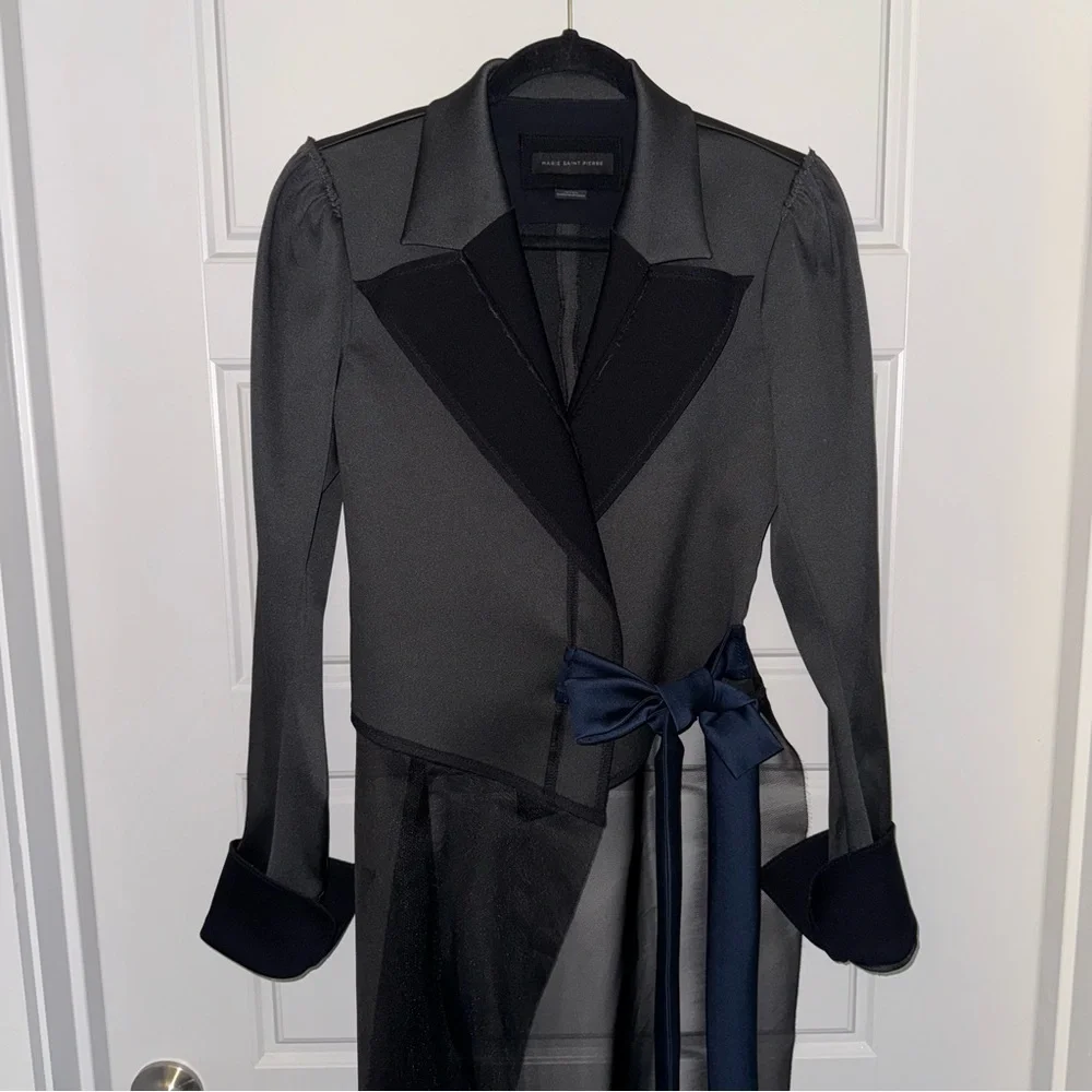 Designer Marie Saint Pierre Asymmetric Statement Long Coat Black & Navy 2 🖤 - Picture 4 of 13